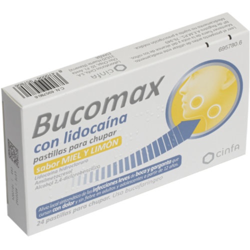 BUCOMAX CON LIDOCAINA PASTILLAS PARA CHUPAR SABOR MIEL Y LIMON, 24 pastillas
