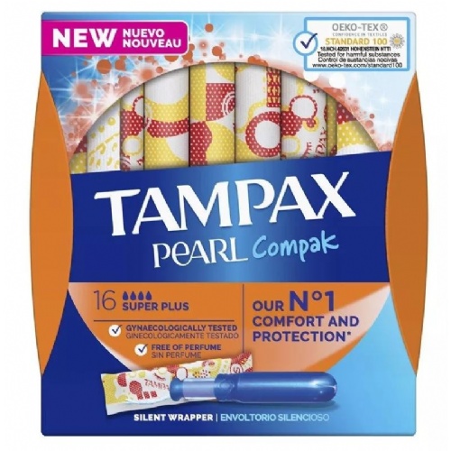 Tampax compak pearl tampon 100%algodon (16 unidades super plus)